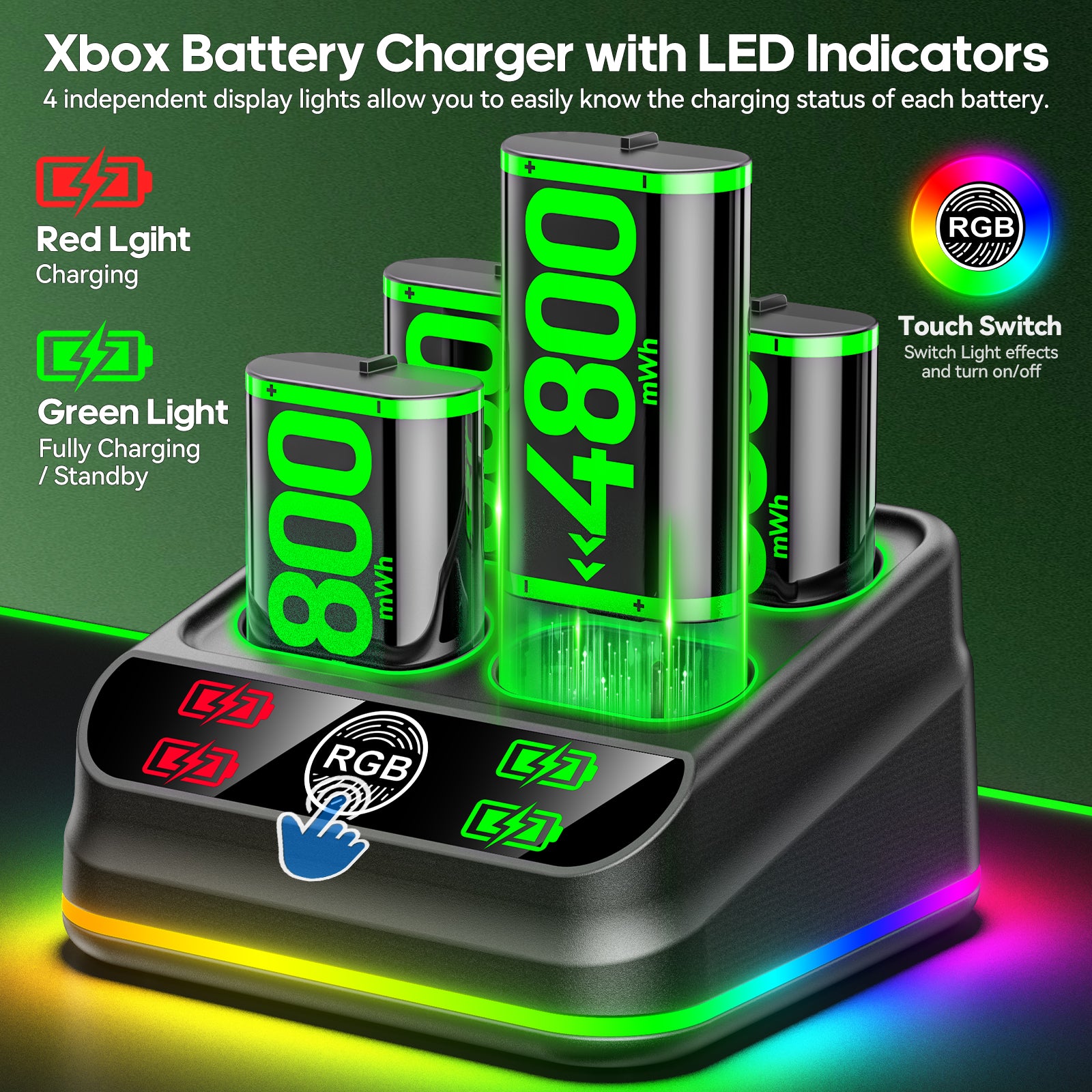 Charger with 4x4800mWh Rechargeable Battery Pack for Xbox Controllers