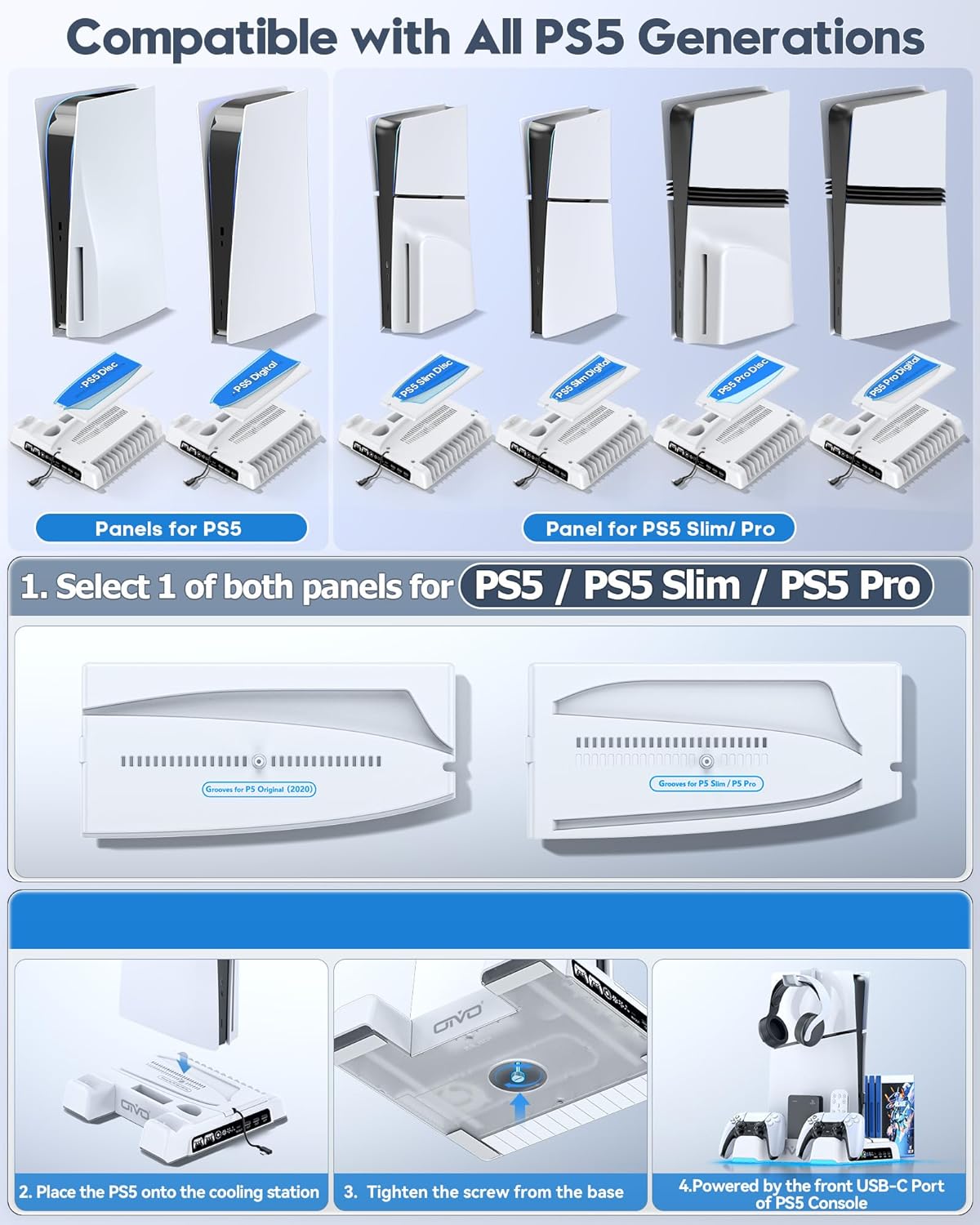 PS5/Slim/Pro Stand and Cooling Station with LED Controller Charging St ...