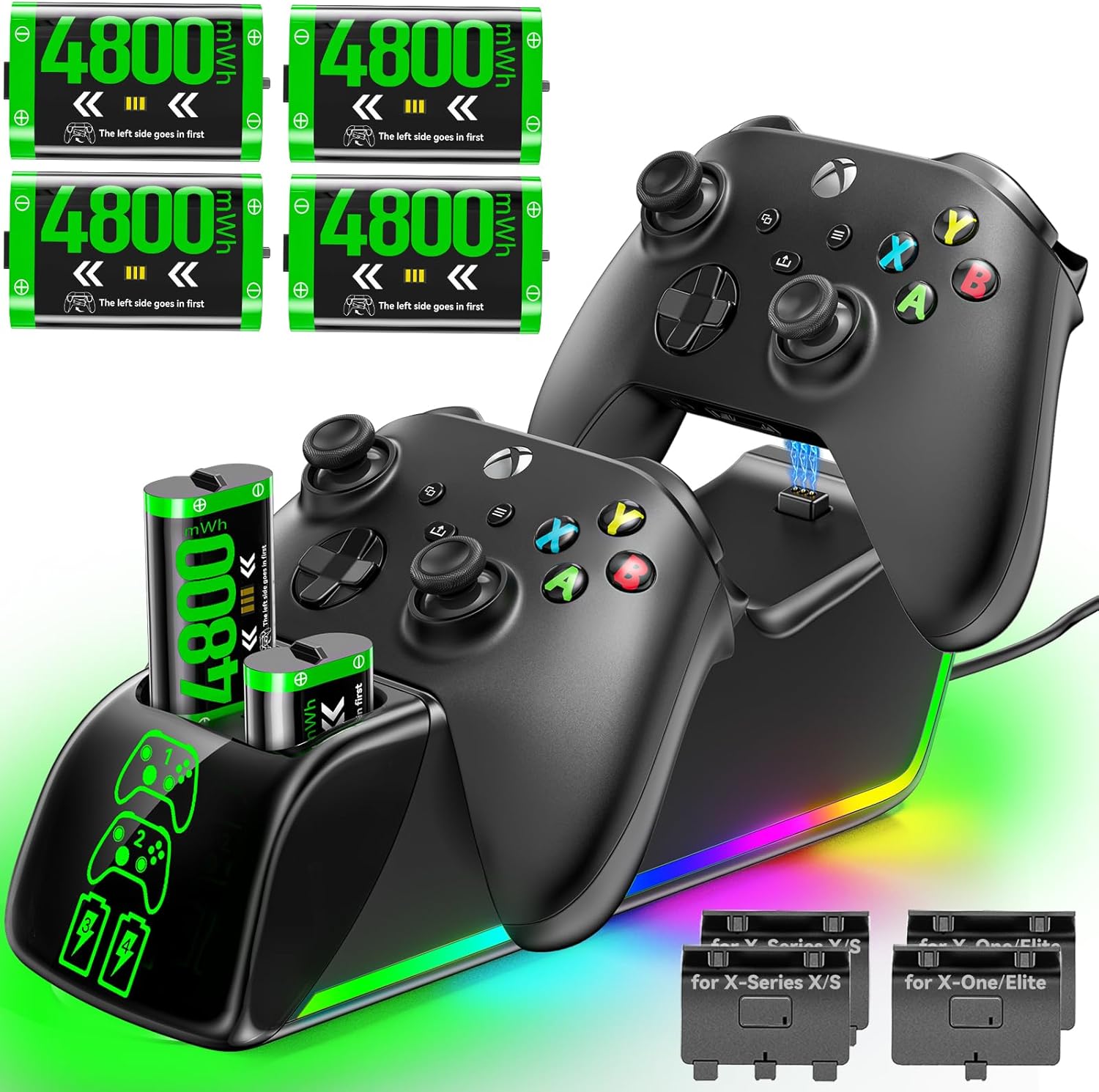 Charger Station with 4 x 4800mWh Rechargeable Battery Pack for Xbox Controllers