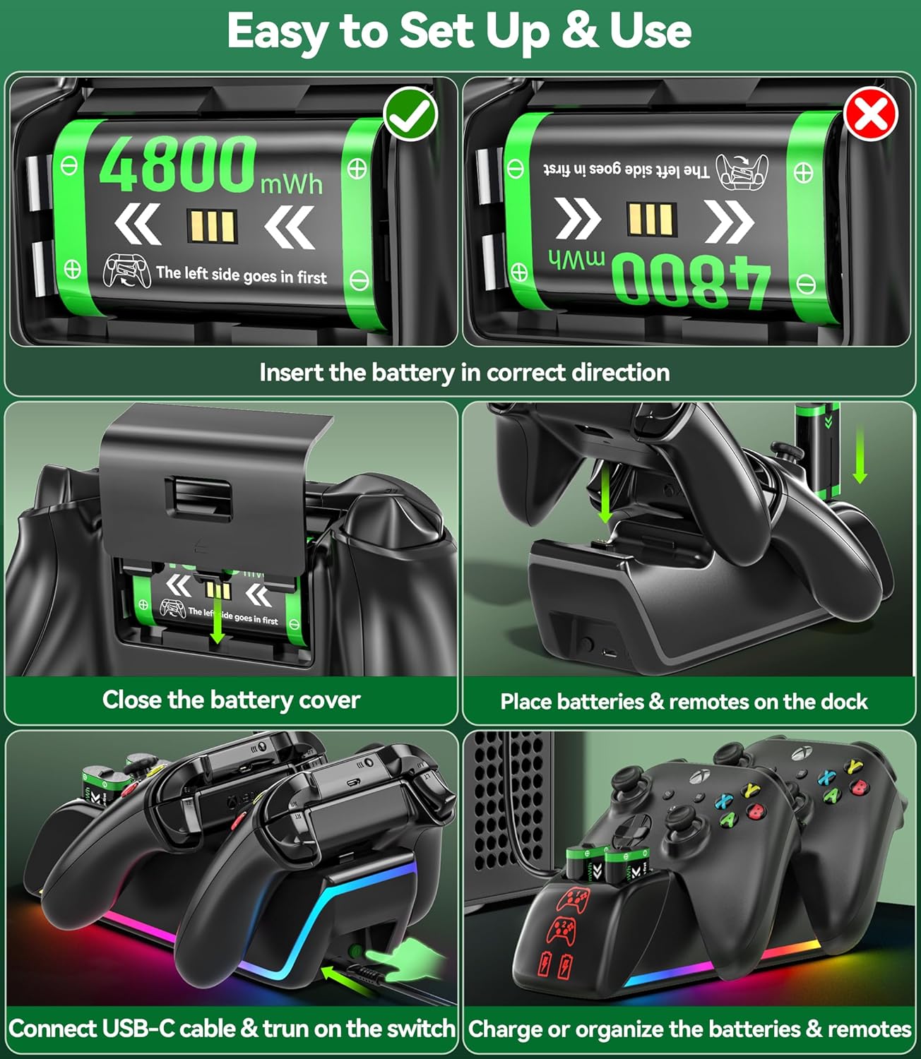 Charger Station with 4 x 4800mWh Rechargeable Battery Pack for Xbox Controllers