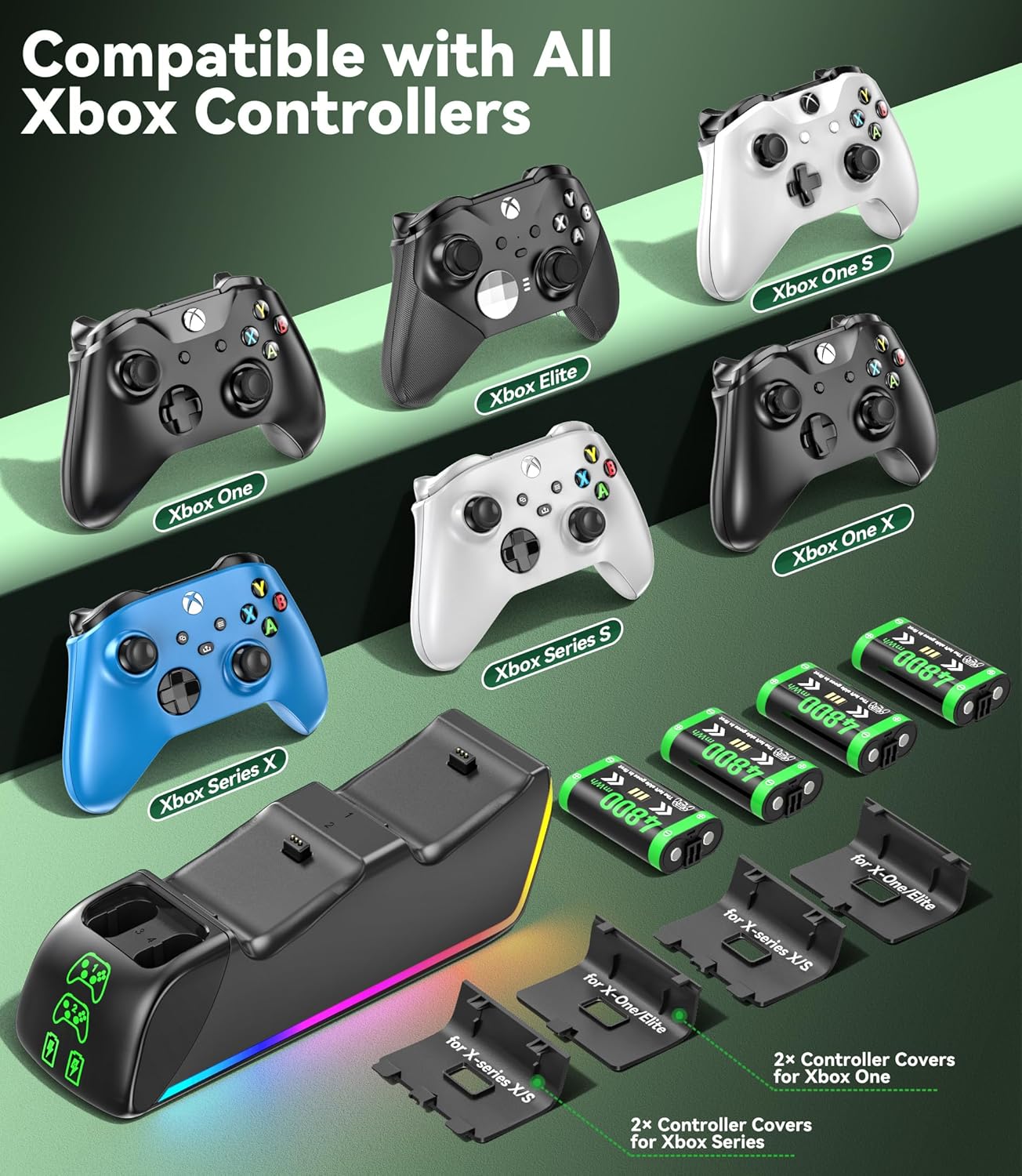 Charger Station with 4 x 4800mWh Rechargeable Battery Pack for Xbox Controllers