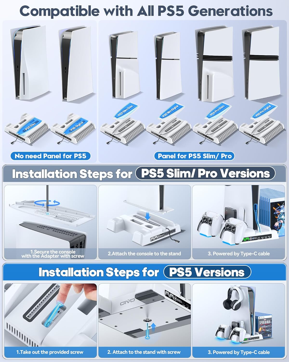 PS5/Slim/Pro Stand and Cooling Station with LED Controller Charging Station