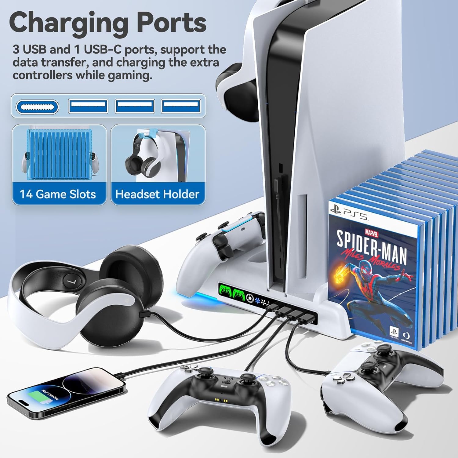 PS5/Slim/Pro Stand and Cooling Station with LED Controller Charging Station