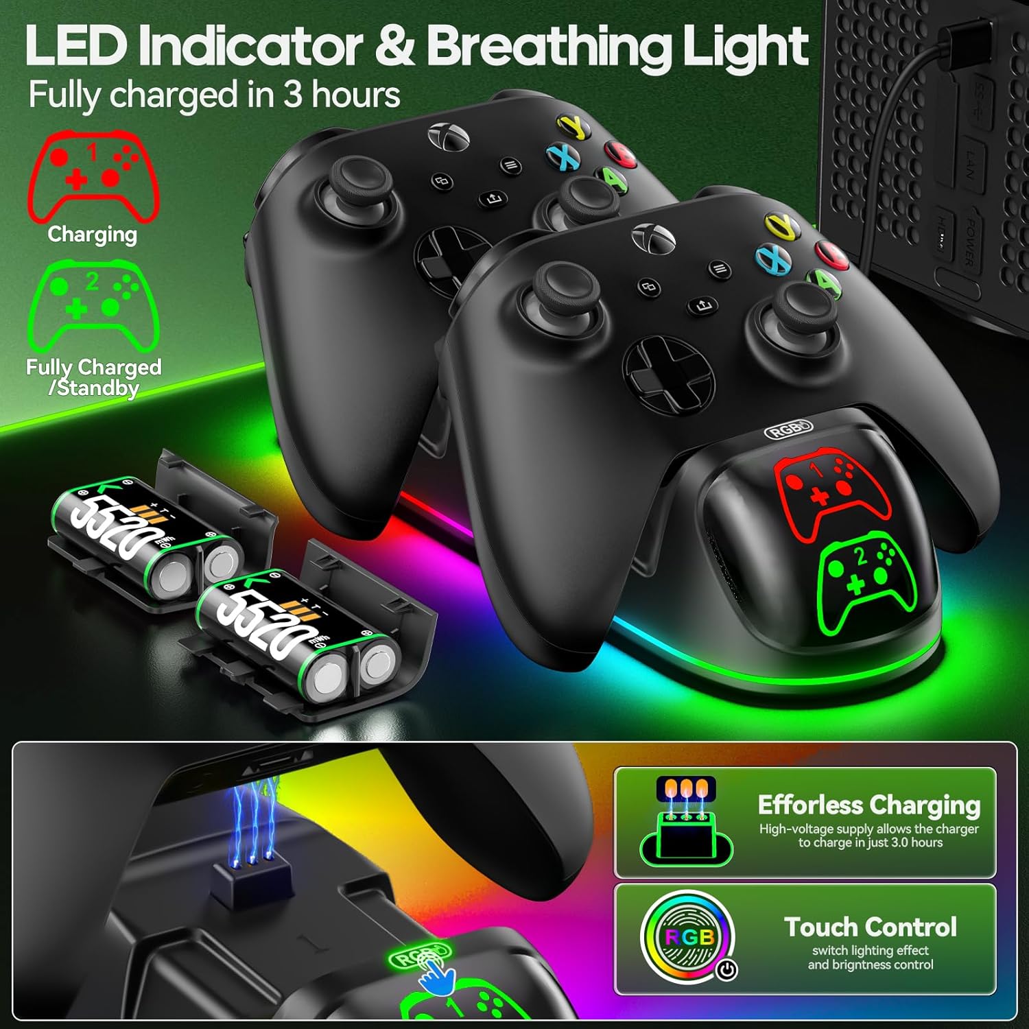 Xbox Controller Charger with 2 x 5520mWh Rechargeable Battery Packs