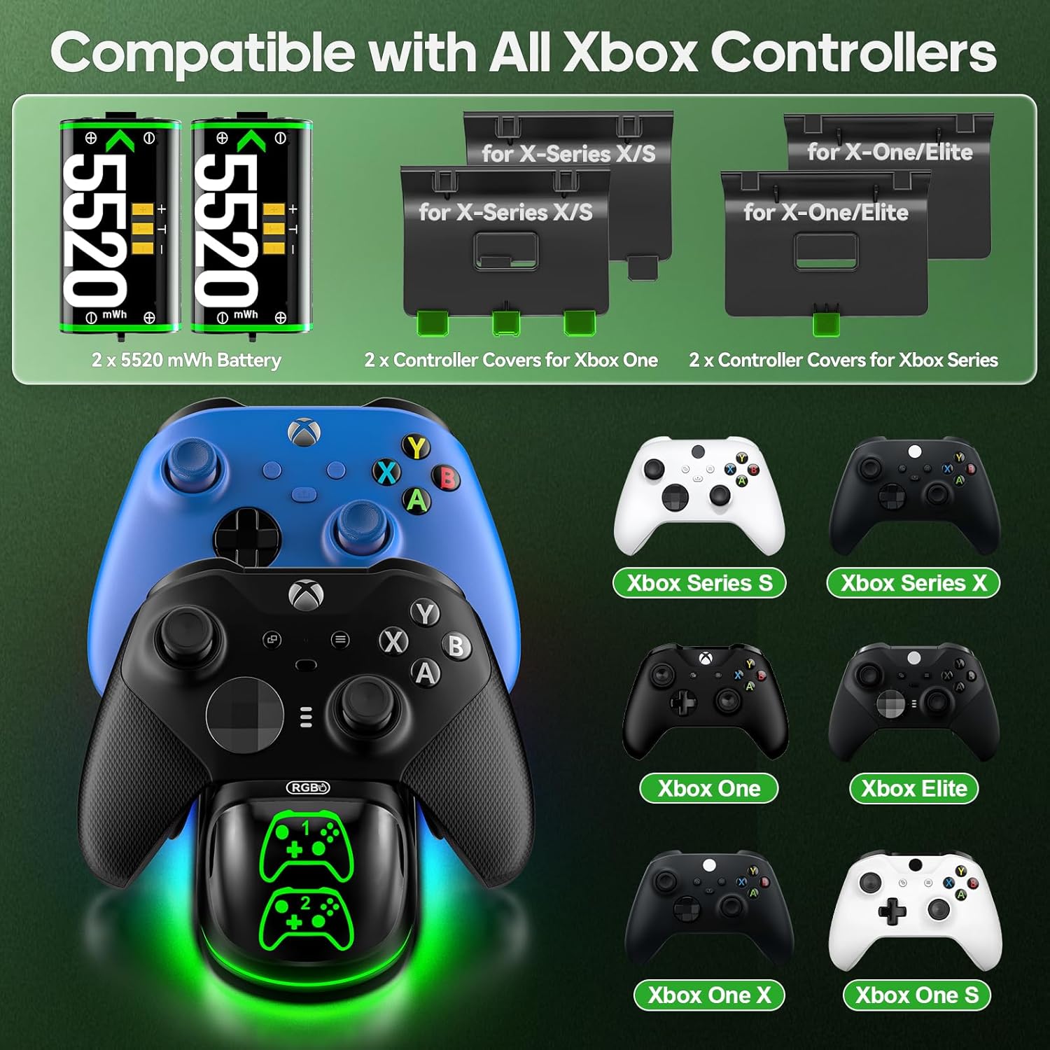 Xbox Controller Charger with 2 x 5520mWh Rechargeable Battery Packs