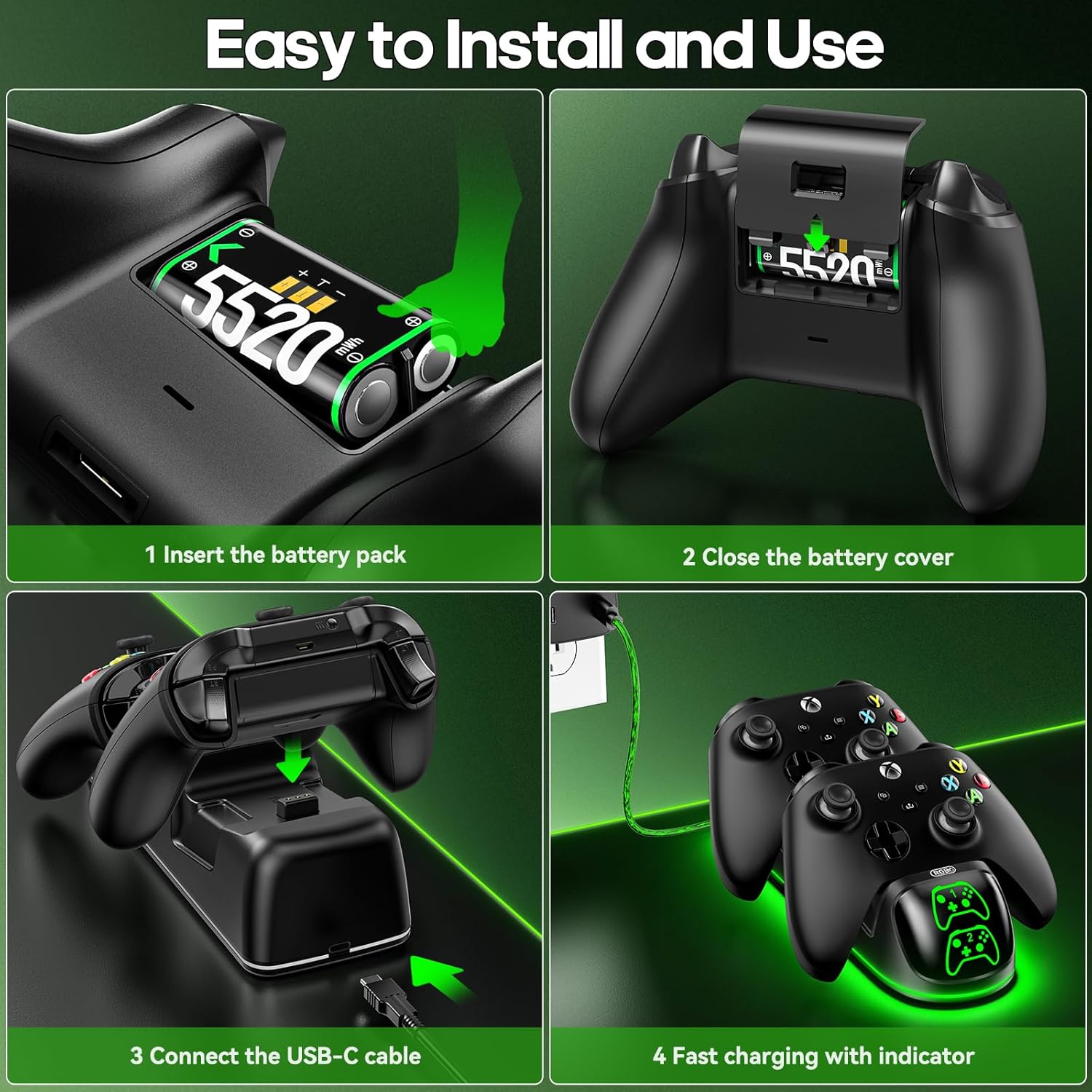 Xbox Controller Charger with 2 x 5520mWh Rechargeable Battery Packs