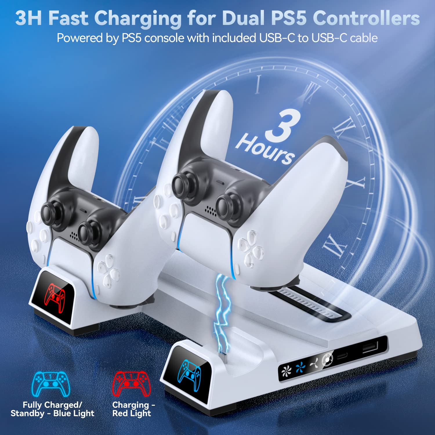 PS5 Stand Cooling Fan with Dual Controller Charging Station & Headset Holder