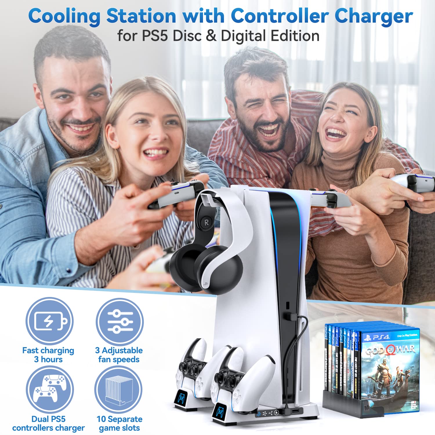 PS5 Stand Cooling Fan with Dual Controller Charging Station & Headset Holder