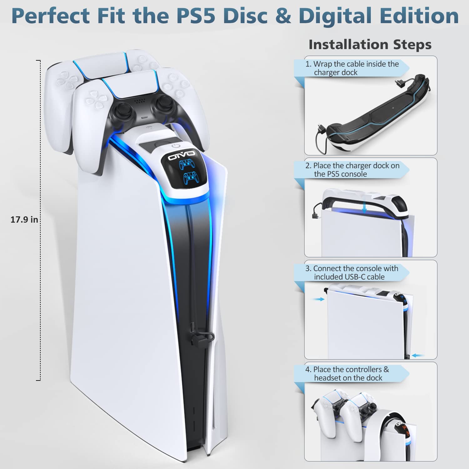PS5 Twin Remote Charger Stand with Headset Holder